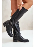 Dámské Kozačky Před Koleno Na Ploché Podpatky S Přezkami Černé Lotina