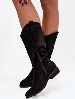 Kozaki Cowboyové na nízkém podpatku z eko semiše černé Cherrie