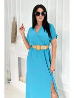 Dlouhé šaty s ozdobným páskem tyrkys