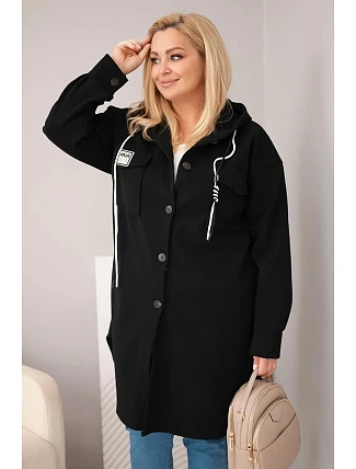 Dámský kabát Plus Size s kapucí zapínaný na knoflíky černý Dámský kabát Plus Size s kapucí zapínaný na knoflíky černý