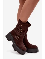 Dámské botky na masivním podpatku s pásky a přezkami Nerelisa – čokoládové