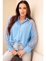 Dámská viskózová košile s krajkovými rukávy a límečkem modrá