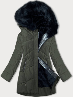 Dámská zimní bunda v khaki barvě s kožešinou (V715)