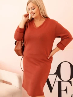 Dámské šaty Plus Size máslové s výstřihem do V a rukávem hnědé