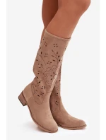 Ažurové dámské kozačky na klínu Khaki Helinna Ažurové dámské kozačky na klínu Khaki Helinna