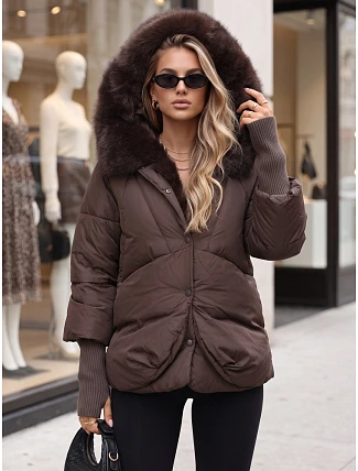 Dámská zimní bunda s kožešinou a kapucí, tmavě hnědá, FashionStreet TY5889