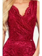 Dámské krajkové midi šaty v bordó barvě s přeloženým obálkovým výstřihem 383-2