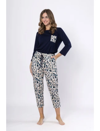Dámské pyžamo WICTORIA 1664 Tmavě modrá s béžovou - LEVEZA