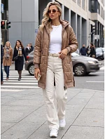 Dlouhá dámská prošívaná bunda s kapucí v barvě kamelové, FashionStreet TY5811 Dlouhá dámská prošívaná bunda s kapucí v barvě kamelové, FashionStreet TY5811
