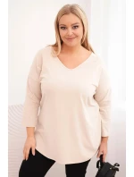 Dámská bavlněná blůza Plus Size s výstřihem do V a ohrnovacími rukávy béžová
