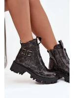 Dámské lakované boty Artiker – grafitové, zateplené, s ozdobou