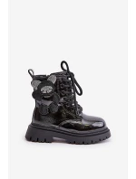Zateplené dívčí botky s medvídkem na zip lakované černé Relobia