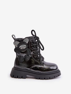 Zateplené dívčí botky s medvídkem na zip lakované černé Relobia