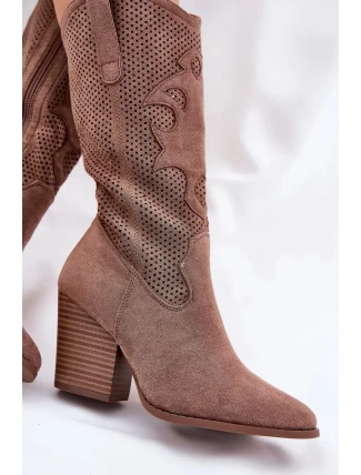 Dámské perforované kozačky ve stylu kovbojek na sloupkovém podpatku S.Barski – hnědé, eko kůže