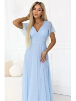 635-6 MELANIA dlouhé třpytivé svatební šaty s výstřihem a krátkými rukávy - modré