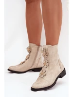 Zateplené dámské kotníkové boty na nízkém podpatku s ozdobnými květinami zlaté Pravienne