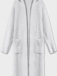 Světle šedý dlouhý vlněný přehoz přes oblečení typu alpaka s kapucí (M105-1)