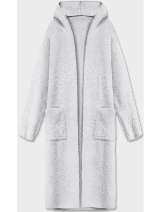 Světle šedý dlouhý vlněný přehoz přes oblečení typu alpaka s kapucí (M105-1)
