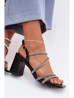 Černé dámské sandály na podpatku s pásky a cyrkony Brelia