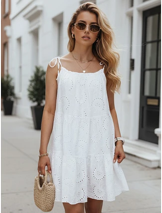 Letní dámské bavlněné šaty s prolamovaným vzorem, bílé, FashionStreet EY2674