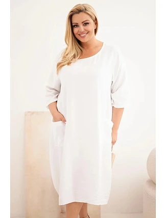 Dámské šaty Plus Size viskózové s kapsami krátký rukáv bílá