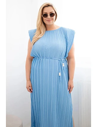 Dámské šaty Plus Size viskózové plisované s vázáním modrá