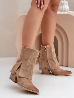Semišové Kotníkové Boty Kožené Na Podpatku S Ohnutým Svrškem Béžové Zazoo 3488