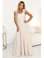 643-3 Elegantní večerní maxi šaty s rozparkem a růžemi - béžové