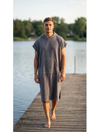 pánské vaflové pončo Saimaa s kapucí Organic Grey pánské vaflové pončo Saimaa s kapucí Organic Grey