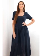 Dámské bavlněné midi šaty s krátkým rukávem a rozšířeným spodkem námořnická modrá