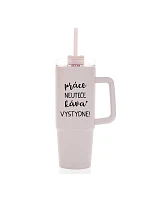 PRÁCE NEUTEČE, KÁVA VYSTYDNE! - růžový cestovní termohrnek s průhledným víčkem 900 ml  