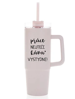 PRÁCE NEUTEČE, KÁVA VYSTYDNE! - růžový cestovní termohrnek s průhledným víčkem 900 ml  