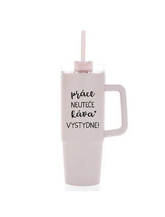 PRÁCE NEUTEČE, KÁVA VYSTYDNE! - růžový cestovní termohrnek s průhledným víčkem 900 ml  