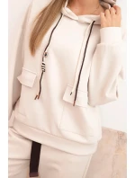 Komplet dámský máslový mikina s kapucí a kalhoty s páskem béžový