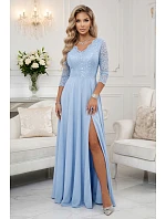 309-15 AMBER elegantní dlouhé krajkové šaty s výstřihem - modré