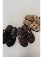 Dámské pantofle s pásky a zlatým přezkou Čokoládové Roselisse