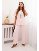 Dámský komplet s volnou halenkou a širokými nohavicemi pudrově růžová