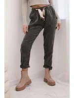Dámské kalhoty z viskózy s šátkovým páskem khaki Dámské kalhoty z viskózy s šátkovým páskem khaki