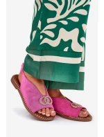 Dámské Sandály S Dekorací Na Plochém Podpatku Eko Sametové Růžové Ralisses