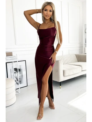 483-4 DIANE saténové dlouhé šaty s rozparkem na nohou - bordó