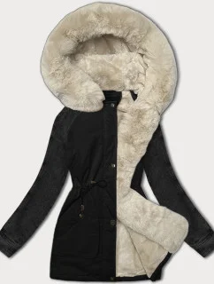 Černo-béžová dámská bunda parka s džínovými rukávy Way Mode (WD202301)