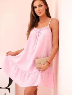 Dámské mušelínové šaty s ramínky a volánem bonbónově růžová