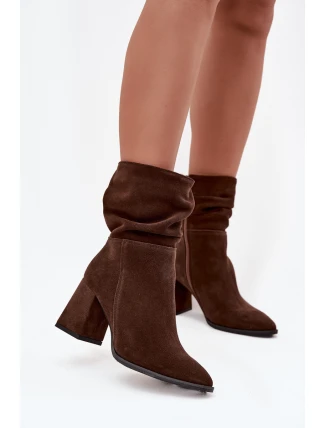 Kozačky z přírodního semiše zateplené na podpatku s vráskou Zazoo 4216 Čokoládové