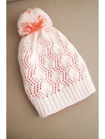 Dámská zimní čepice s vlnou v ozdobném pletení s bambulí K467 bílá + oranžová