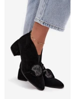 Kožené semišové dámské boty na podpatku s ozdobou D&A MR52-182 Černé
