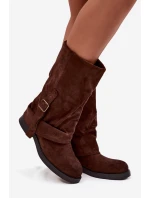 Dámské kozačky s obráceným svrškem do poloviny lýtka s přezkou hnědé Minelle