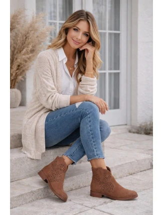 Dámské perforované kotníkové boty na nízkém podpatku S.Barski HY61-8026 Hnědé