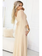 655-4 Dlouhé lehké třpytivé šaty s výstřihem a průhlednými rukávy - šampaňsko-béžová barva