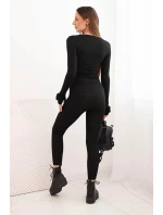 Komplet dámský z pruhované viskózy s dlouhým rukávem a legínami černý