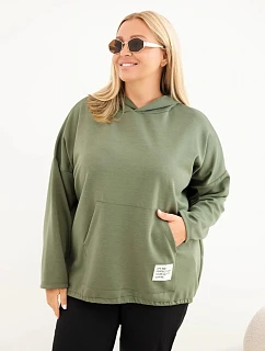 Dámská mikina Plus Size viskózová s kapucí a klokankovou kapsou khaki